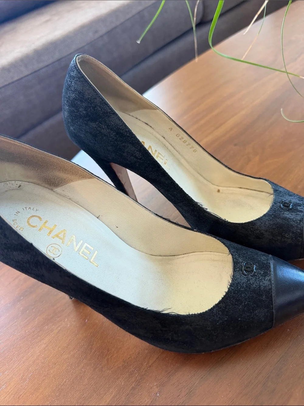 CHANEL Black Suede with Leather Cap Toe Pointed Pumps